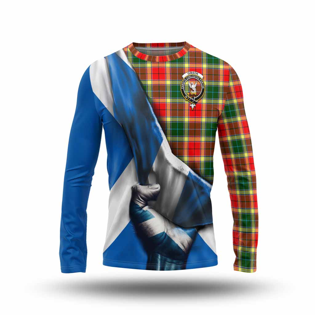 Tartan Vibes Clothing Gibson (Gibbs or Gibsone) Tartan Long Sleeve T-Shirt with Family Crest Scotland Patriotic Style