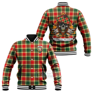 Gibson (Gibbs or Gibsone) Tartan Baseball Jacket with Family Crest and Bearded Skull Holding Bottles of Whiskey Unisex - Tartan Vibes Clothing