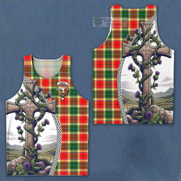 Gibson (Gibbs or Gibsone) Tartan Men's Tank Top with Family Crest and St. Andrew's Cross Accented by Thistle Vines Men - Tartan Vibes Clothing