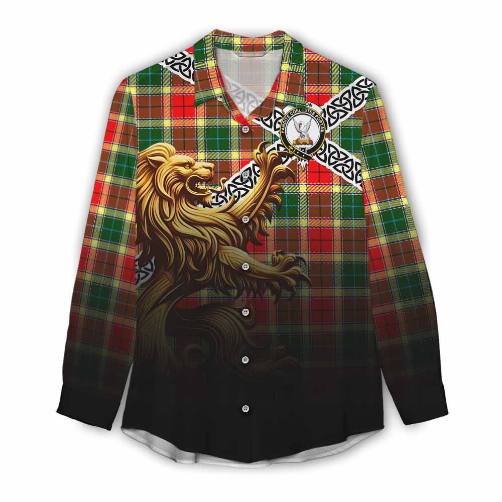 Tartan Vibes Clothing Gibson (Gibbs or Gibsone) Crest Tartan Women's Casual Shirt with Golden Lion Emblem Celtic Style