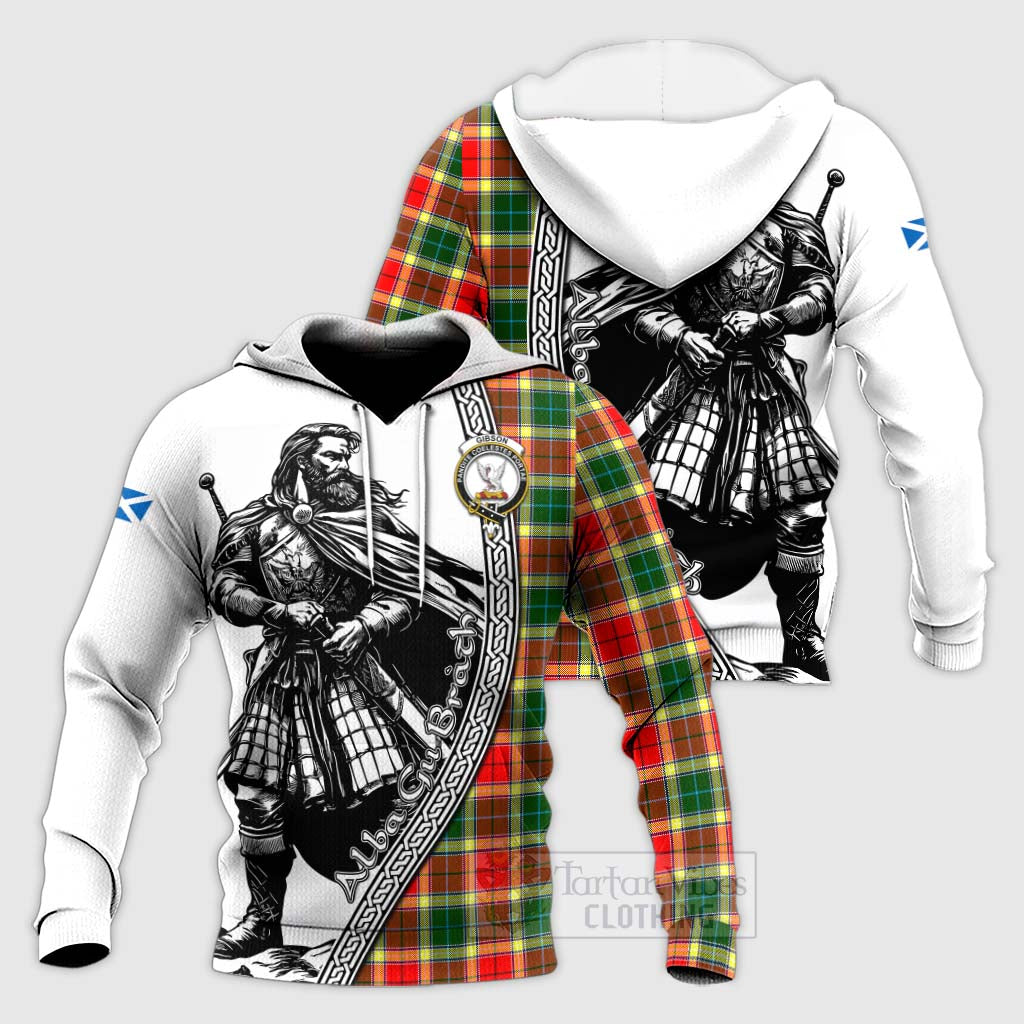 Gibson (Gibbs or Gibsone) Tartan Clan Crest Knitted Hoodie with Highlander Warrior Celtic Style Unisex Knitted Pullover Hoodie - Tartan Vibes Clothing