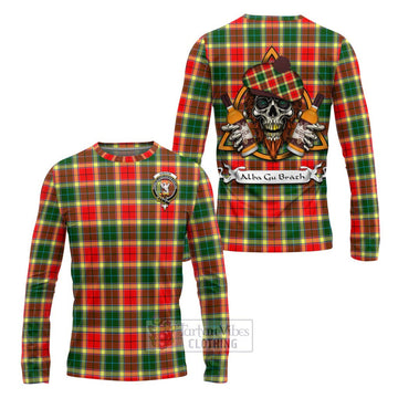 Gibson (Gibbs or Gibsone) Tartan Long Sleeve T-Shirt with Family Crest and Bearded Skull Holding Bottles of Whiskey Unisex - Tartan Vibes Clothing