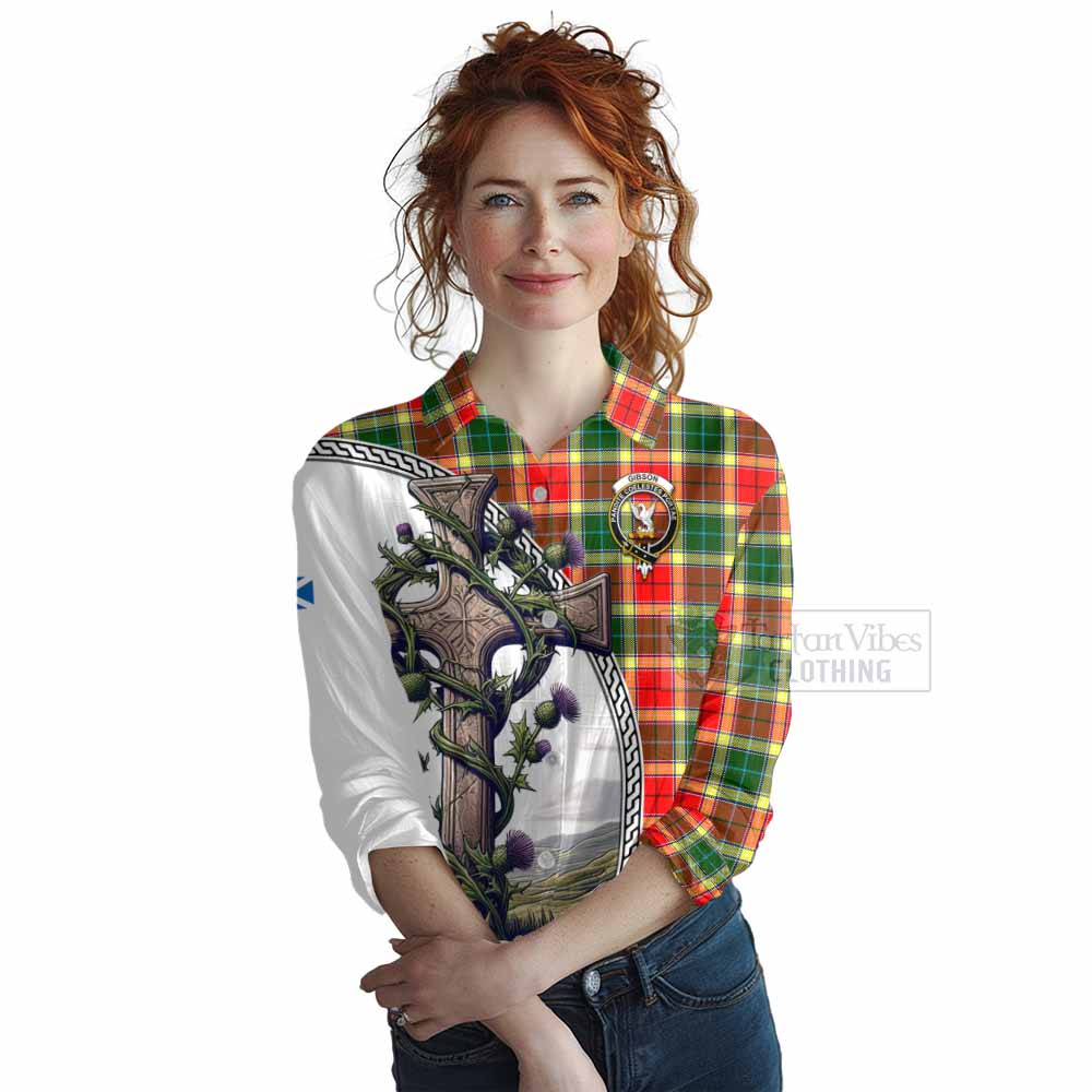 Tartan Vibes Clothing Gibson (Gibbs or Gibsone) Tartan Women's Casual Shirt with Family Crest and St. Andrew's Cross Accented by Thistle Vines