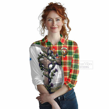 Tartan Vibes Clothing Gibson (Gibbs or Gibsone) Tartan Women's Casual Shirt with Family Crest and St. Andrew's Cross Accented by Thistle Vines