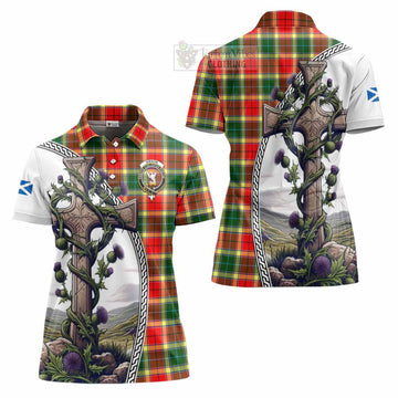 Gibson (Gibbs or Gibsone) Tartan Women's Polo Shirt with Family Crest and St. Andrew's Cross Accented by Thistle Vines Women - Tartan Vibes Clothing