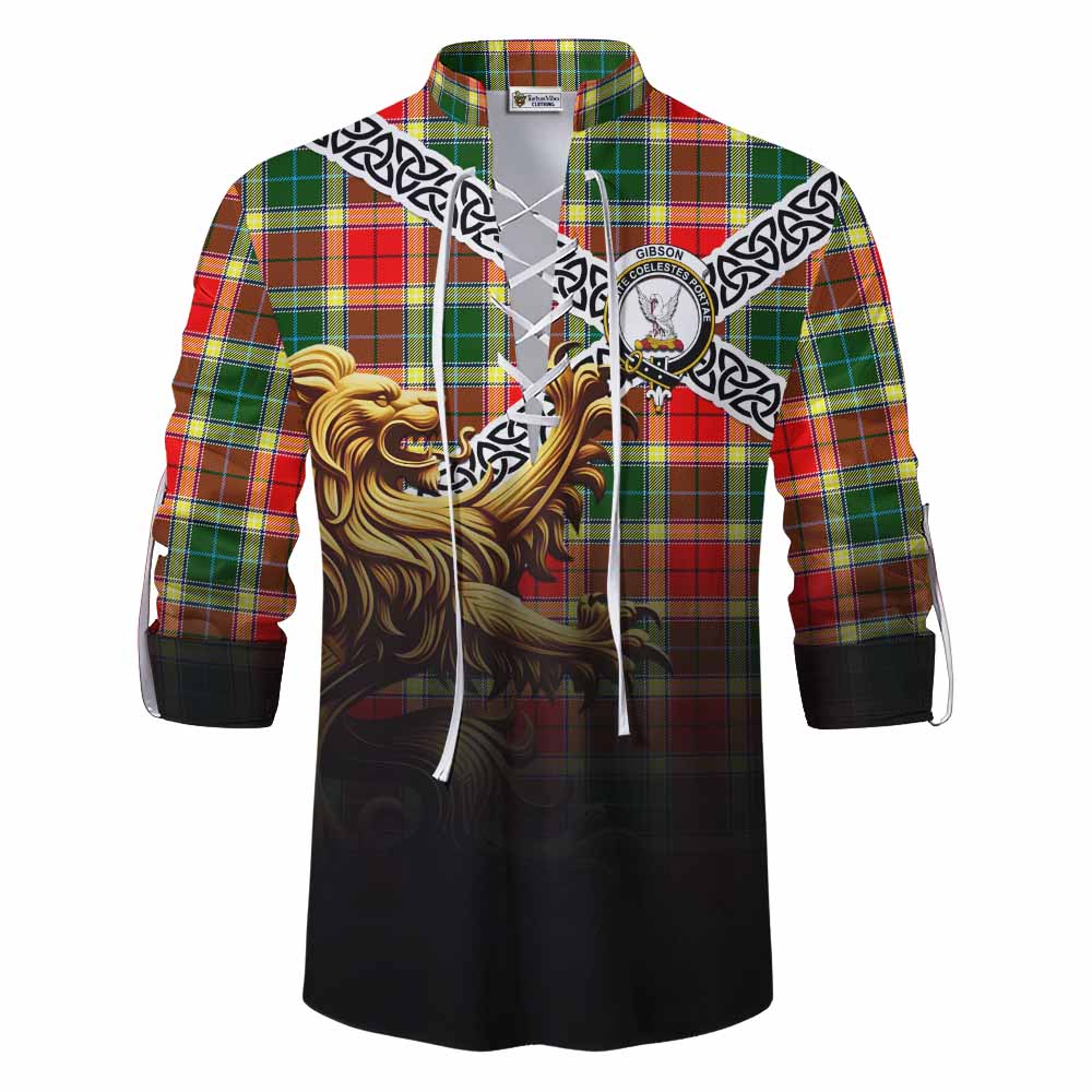 Tartan Vibes Clothing Gibson (Gibbs or Gibsone) Crest Tartan Ghillie Kilt Shirt with Golden Lion Emblem Celtic Style