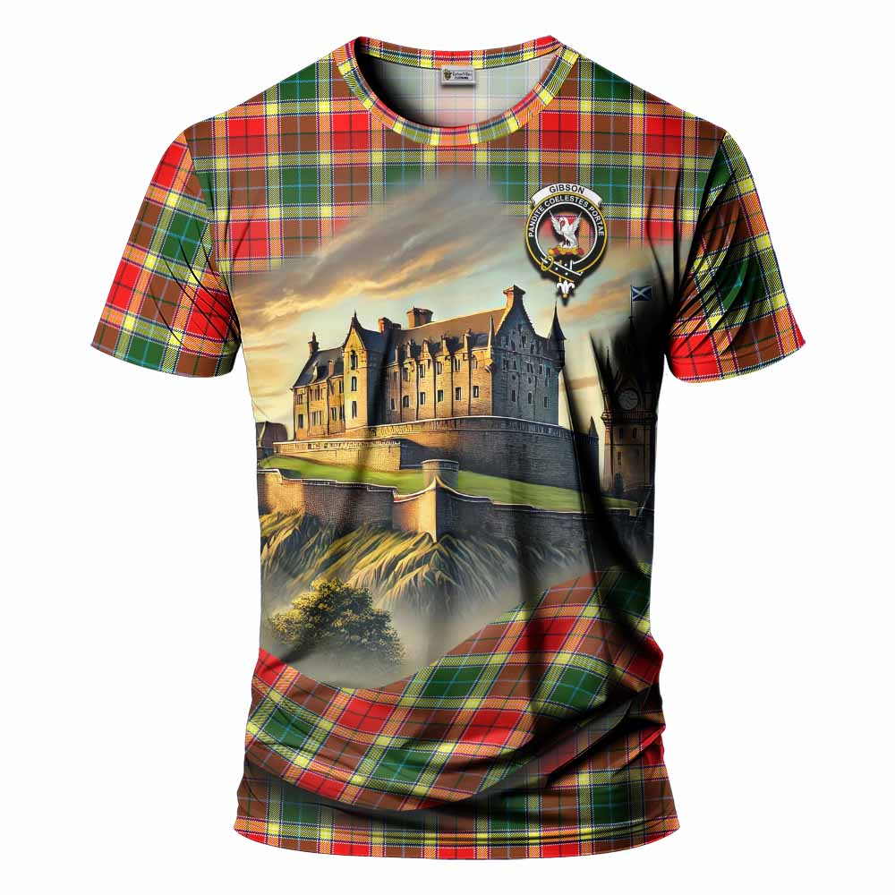 Tartan Vibes Clothing Gibson (Gibbs or Gibsone) Tartan Family Crest T-Shirt with Scottish Ancient Castle Stype