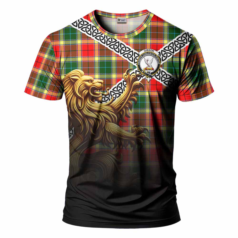 Tartan Vibes Clothing Gibson (Gibbs or Gibsone) Crest Tartan T-Shirt with Golden Lion Emblem Celtic Style