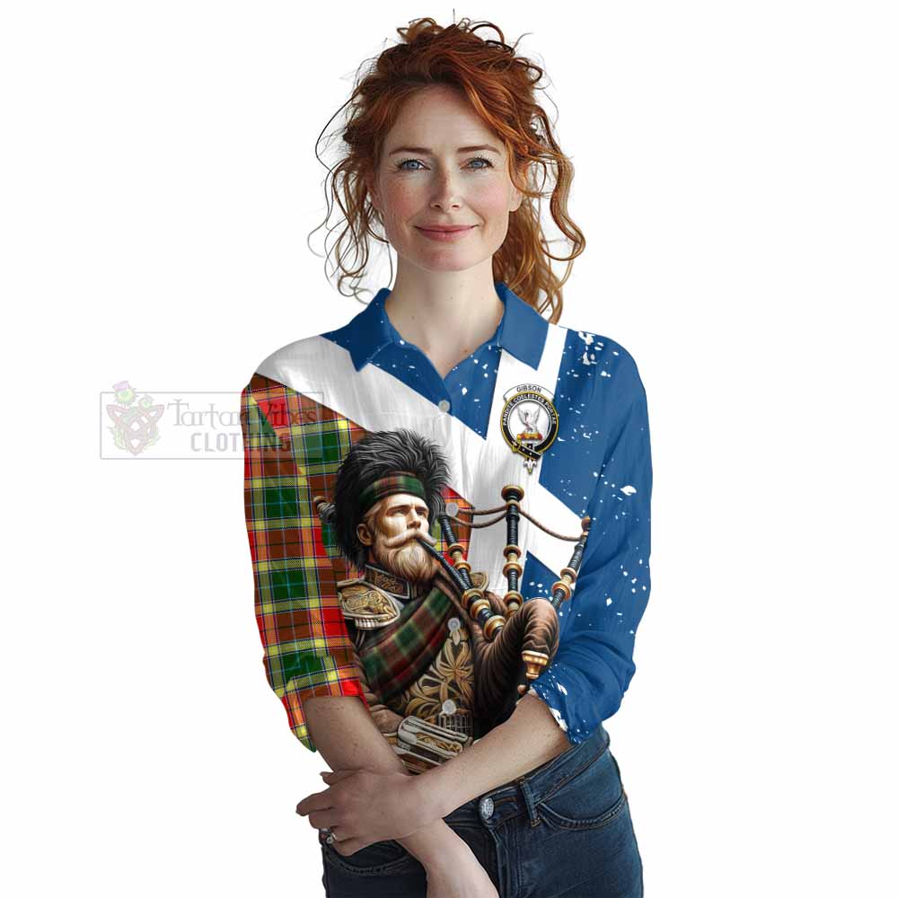 Tartan Vibes Clothing Gibson (Gibbs or Gibsone) Tartan Women's Casual Shirt with Family Crest Scottish Bagpiper Vibes