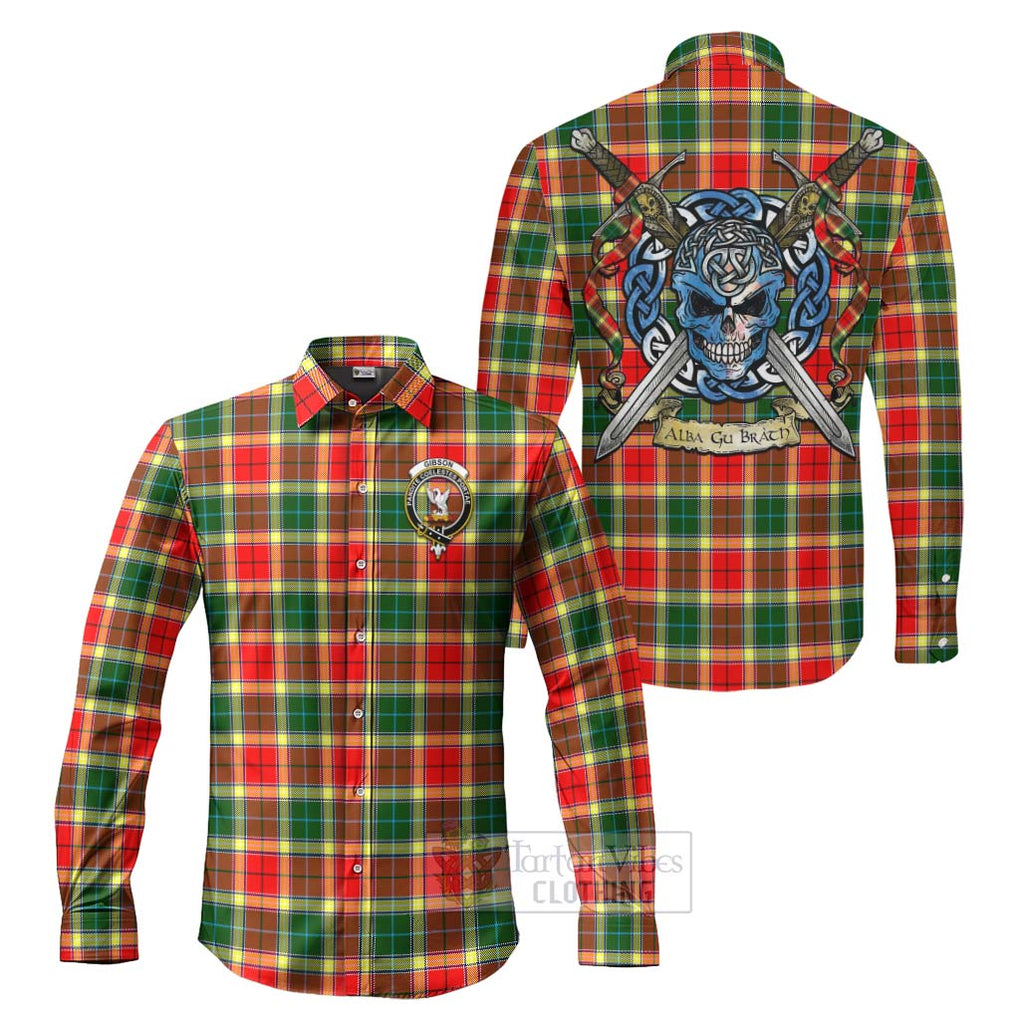Tartan Vibes Clothing Gibson (Gibbs or Gibsone) Tartan Long Sleeve Button Shirt with Family Crest Celtic Skull Style