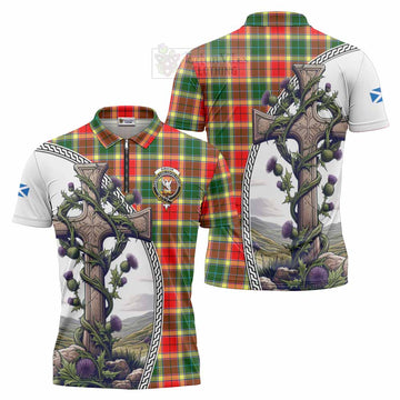 Gibson (Gibbs or Gibsone) Tartan Zipper Polo Shirt with Family Crest and St. Andrew's Cross Accented by Thistle Vines Unisex - Tartan Vibes Clothing