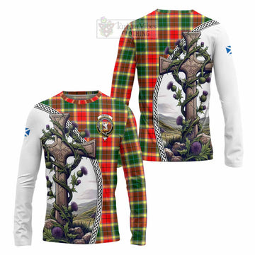 Gibson (Gibbs or Gibsone) Tartan Long Sleeve T-Shirt with Family Crest and St. Andrew's Cross Accented by Thistle Vines Unisex - Tartan Vibes Clothing