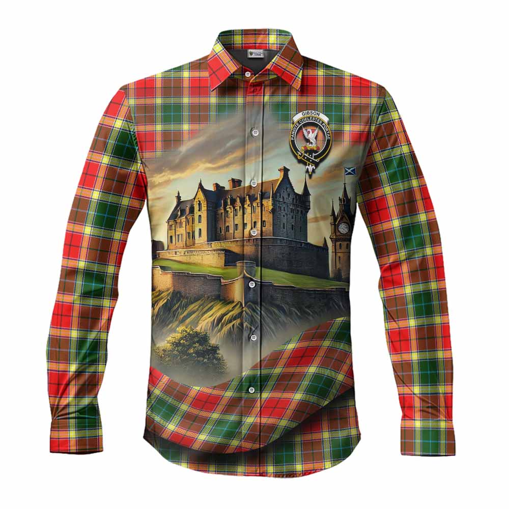 Tartan Vibes Clothing Gibson (Gibbs or Gibsone) Tartan Family Crest Long Sleeve Button Shirt with Scottish Ancient Castle Style