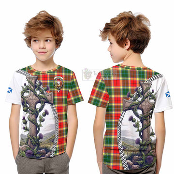 Gibson (Gibbs or Gibsone) Tartan Kid T-Shirt with Family Crest and St. Andrew's Cross Accented by Thistle Vines Youth XL Size14 - Tartan Vibes Clothing