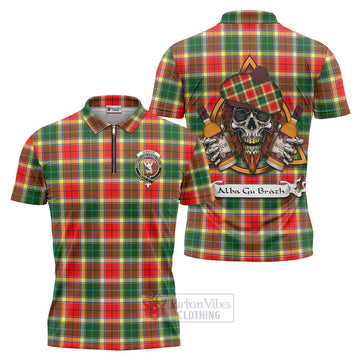 Gibson (Gibbs or Gibsone) Tartan Zipper Polo Shirt with Family Crest and Bearded Skull Holding Bottles of Whiskey Unisex - Tartan Vibes Clothing
