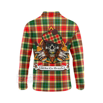 Gibson (Gibbs or Gibsone) Tartan Long Sleeve Polo Shirt with Family Crest and Bearded Skull Holding Bottles of Whiskey - Tartan Vibes Clothing