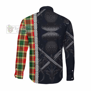 Tartan Vibes Clothing Gibson (Gibbs or Gibsone) Tartan Long Sleeve Button Shirt with Family Crest Cross Sword Thistle Celtic Vibes