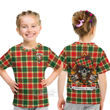 Gibson (Gibbs or Gibsone) Tartan Kid T-Shirt with Family Crest and Bearded Skull Holding Bottles of Whiskey - Tartan Vibes Clothing