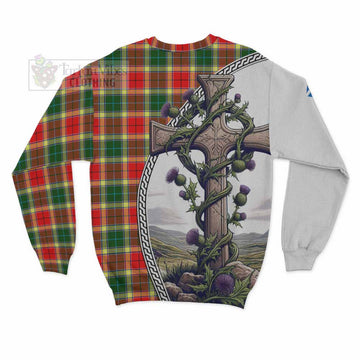 Gibson (Gibbs or Gibsone) Tartan Sweatshirt with Family Crest and St. Andrew's Cross Accented by Thistle Vines - Tartan Vibes Clothing