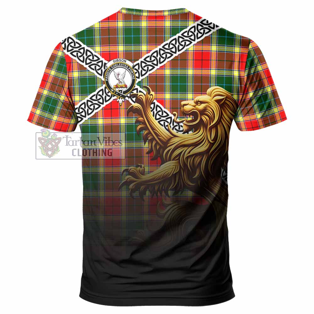 Tartan Vibes Clothing Gibson (Gibbs or Gibsone) Crest Tartan T-Shirt with Golden Lion Emblem Celtic Style