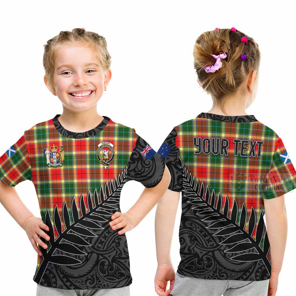 Tartan Vibes Clothing Gibson (Gibbs or Gibsone) Crest Tartan Kid T-Shirt with New Zealand Silver Fern Half Style