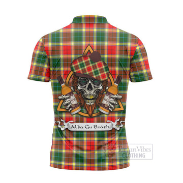 Gibson (Gibbs or Gibsone) Tartan Zipper Polo Shirt with Family Crest and Bearded Skull Holding Bottles of Whiskey - Tartan Vibes Clothing