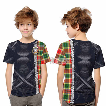 Gibson (Gibbs or Gibsone) Tartan Kid T-Shirt with Family Crest Cross Sword Thistle Celtic Vibes - Tartan Vibes Clothing
