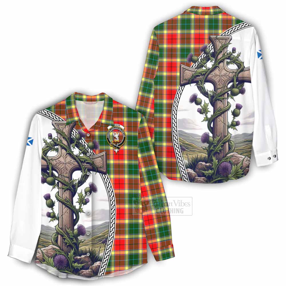 Tartan Vibes Clothing Gibson (Gibbs or Gibsone) Tartan Women's Casual Shirt with Family Crest and St. Andrew's Cross Accented by Thistle Vines