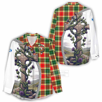 Tartan Vibes Clothing Gibson (Gibbs or Gibsone) Tartan Women's Casual Shirt with Family Crest and St. Andrew's Cross Accented by Thistle Vines