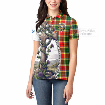 Gibson (Gibbs or Gibsone) Tartan Women's Polo Shirt with Family Crest and St. Andrew's Cross Accented by Thistle Vines - Tartan Vibes Clothing