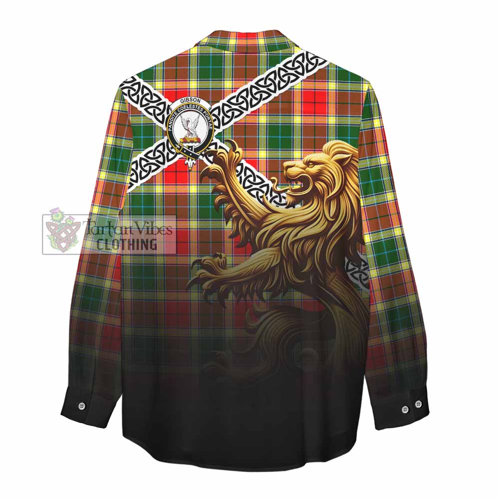 Tartan Vibes Clothing Gibson (Gibbs or Gibsone) Crest Tartan Women's Casual Shirt with Golden Lion Emblem Celtic Style