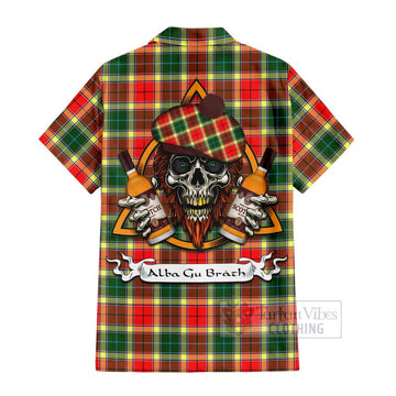 Gibson (Gibbs or Gibsone) Tartan Hawaiian Shirt with Family Crest and Bearded Skull Holding Bottles of Whiskey - Tartan Vibes Clothing