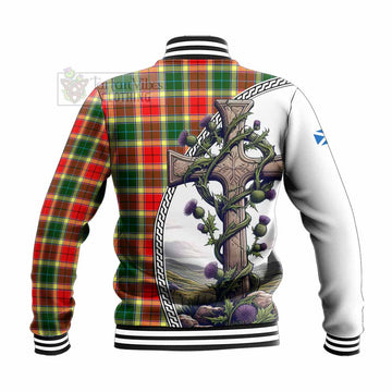 Gibson (Gibbs or Gibsone) Tartan Baseball Jacket with Family Crest and St. Andrew's Cross Accented by Thistle Vines - Tartan Vibes Clothing