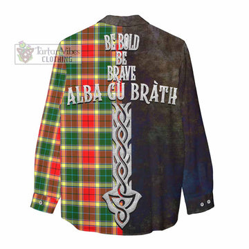 Tartan Vibes Clothing Gibson (Gibbs or Gibsone) Tartan Family Crest Women's Casual Shirt Alba Gu Brath Be Brave Lion Ancient Style