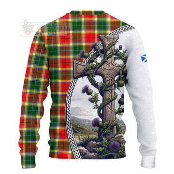 Gibson (Gibbs or Gibsone) Tartan Knitted Sweater with Family Crest and St. Andrew's Cross Accented by Thistle Vines - Tartan Vibes Clothing