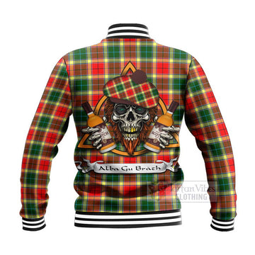 Gibson (Gibbs or Gibsone) Tartan Baseball Jacket with Family Crest and Bearded Skull Holding Bottles of Whiskey - Tartan Vibes Clothing