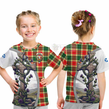 Gibson (Gibbs or Gibsone) Tartan Kid T-Shirt with Family Crest and St. Andrew's Cross Accented by Thistle Vines - Tartan Vibes Clothing