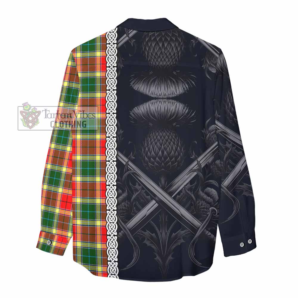 Tartan Vibes Clothing Gibson (Gibbs or Gibsone) Tartan Women's Casual Shirt with Family Crest Cross Sword Thistle Celtic Vibes