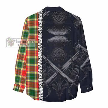 Tartan Vibes Clothing Gibson (Gibbs or Gibsone) Tartan Women's Casual Shirt with Family Crest Cross Sword Thistle Celtic Vibes