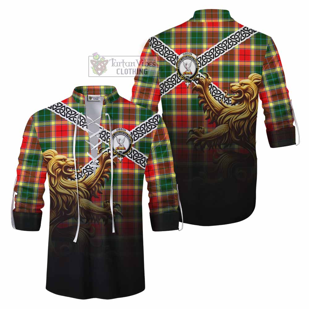 Tartan Vibes Clothing Gibson (Gibbs or Gibsone) Crest Tartan Ghillie Kilt Shirt with Golden Lion Emblem Celtic Style