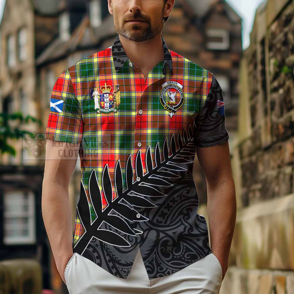 Tartan Vibes Clothing Gibson (Gibbs or Gibsone) Crest Tartan Short Sleeve Button Shirt with New Zealand Silver Fern Half Style