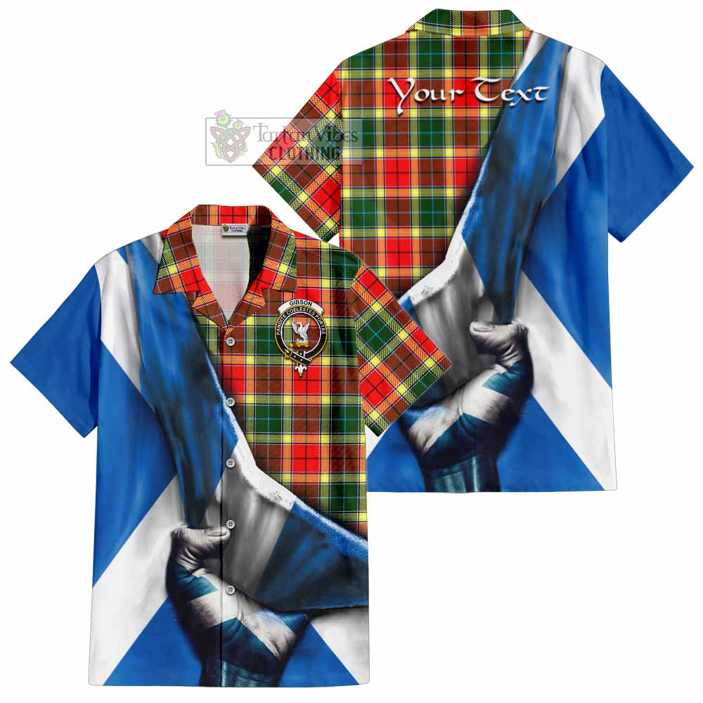 Tartan Vibes Clothing Gibson (Gibbs or Gibsone) Tartan Short Sleeve Button Shirt with Family Crest Scotland Patriotic Style