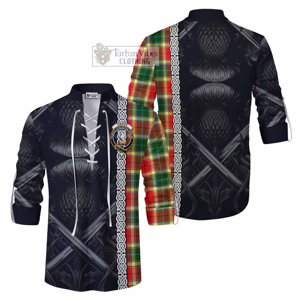Tartan Vibes Clothing Gibson (Gibbs or Gibsone) Tartan Ghillie Kilt Shirt with Family Crest Cross Sword Thistle Celtic Vibes