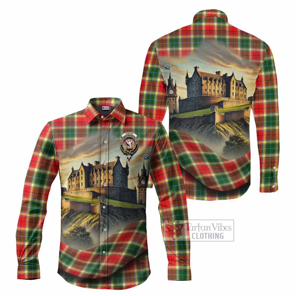 Tartan Vibes Clothing Gibson (Gibbs or Gibsone) Tartan Family Crest Long Sleeve Button Shirt with Scottish Ancient Castle Style