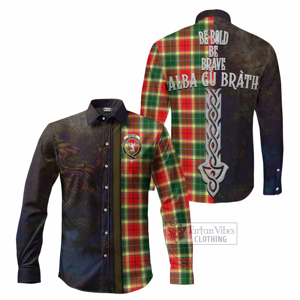 Tartan Vibes Clothing Gibson (Gibbs or Gibsone) Tartan Family Crest Long Sleeve Button Shirt Alba Gu Brath Be Brave Lion Ancient Style