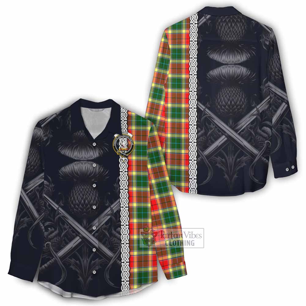 Tartan Vibes Clothing Gibson (Gibbs or Gibsone) Tartan Women's Casual Shirt with Family Crest Cross Sword Thistle Celtic Vibes