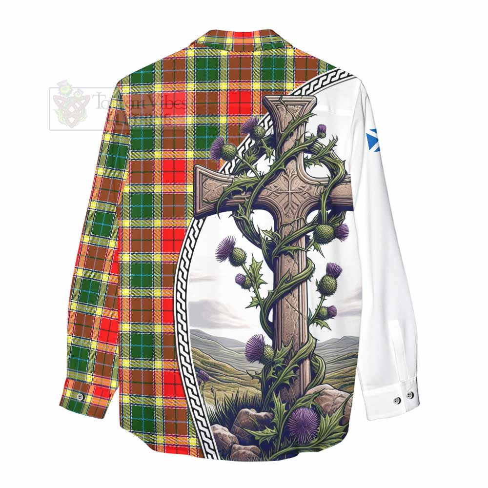 Tartan Vibes Clothing Gibson (Gibbs or Gibsone) Tartan Women's Casual Shirt with Family Crest and St. Andrew's Cross Accented by Thistle Vines