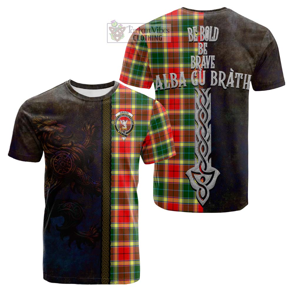 Tartan Vibes Clothing Gibson (Gibbs or Gibsone) Tartan Family Crest Cotton T-shirt Alba Gu Brath Be Brave Lion Ancient Style