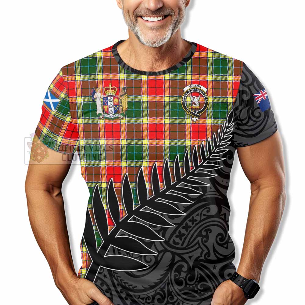 Tartan Vibes Clothing Gibson (Gibbs or Gibsone) Crest Tartan T-Shirt with New Zealand Silver Fern Half Style