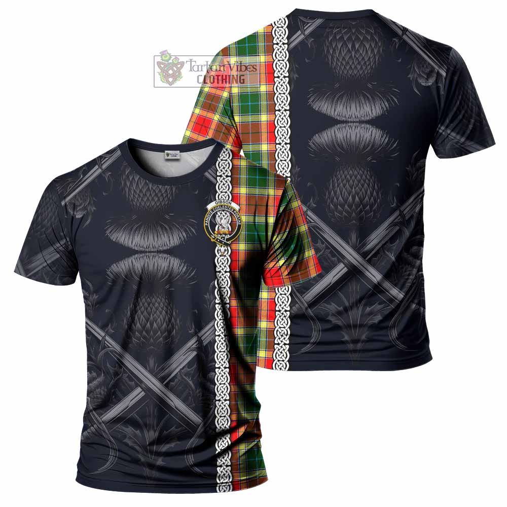 Tartan Vibes Clothing Gibson (Gibbs or Gibsone) Tartan T-Shirt with Family Crest Cross Sword Thistle Celtic Vibes